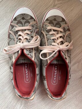 Coach Canvas Low-Top Sneakers in Tan, Pink & Red